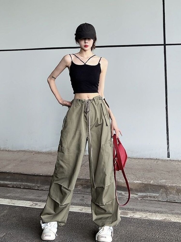 Women Y2K Hip Hop Retro Green Cargo Pants Harajuku Oversized Wide Leg Parachute Trousers Female Black 2 - Parachute Pant Shop