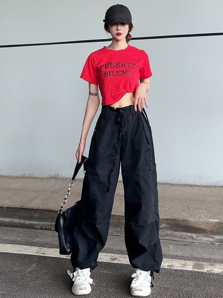 Women Y2K Hip Hop Retro Green Cargo Pants Harajuku Oversized Wide Leg Parachute Trousers Female Black 4 - Parachute Pant Shop