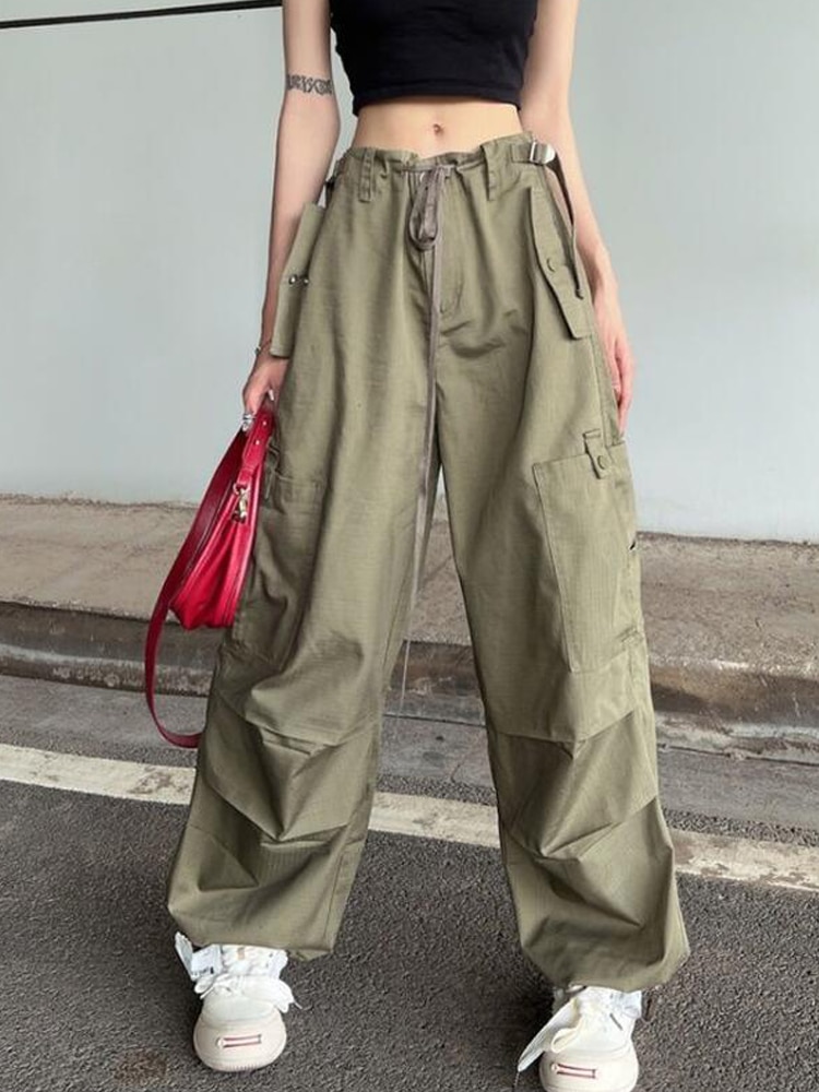 Women Y2K Hip Hop Retro Green Cargo Pants Harajuku Oversized Wide Leg Parachute Trousers Female Black - Parachute Pant Shop