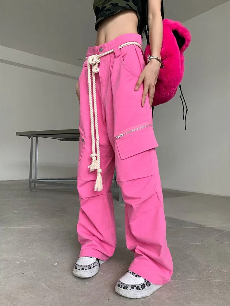 Y2K Clothing Oversized Drawstring 2000s Aesthetic Parachute Loose Sweatpants Trousers Women Jogger Cargo Pants Streetwear Pink - Parachute Pant Shop