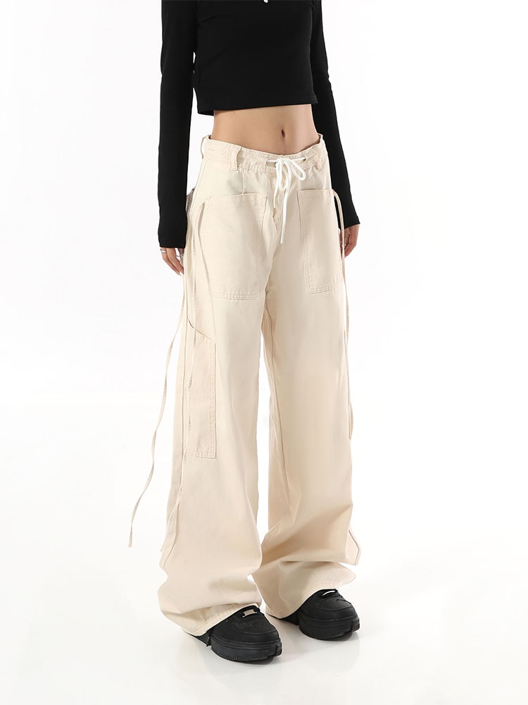 Y2K Parachute Pants High Waist Women Hippie Streetwear Oversize Pockets Beige Cargo Trousers Harajuku Wide Leg 1 - Parachute Pant Shop