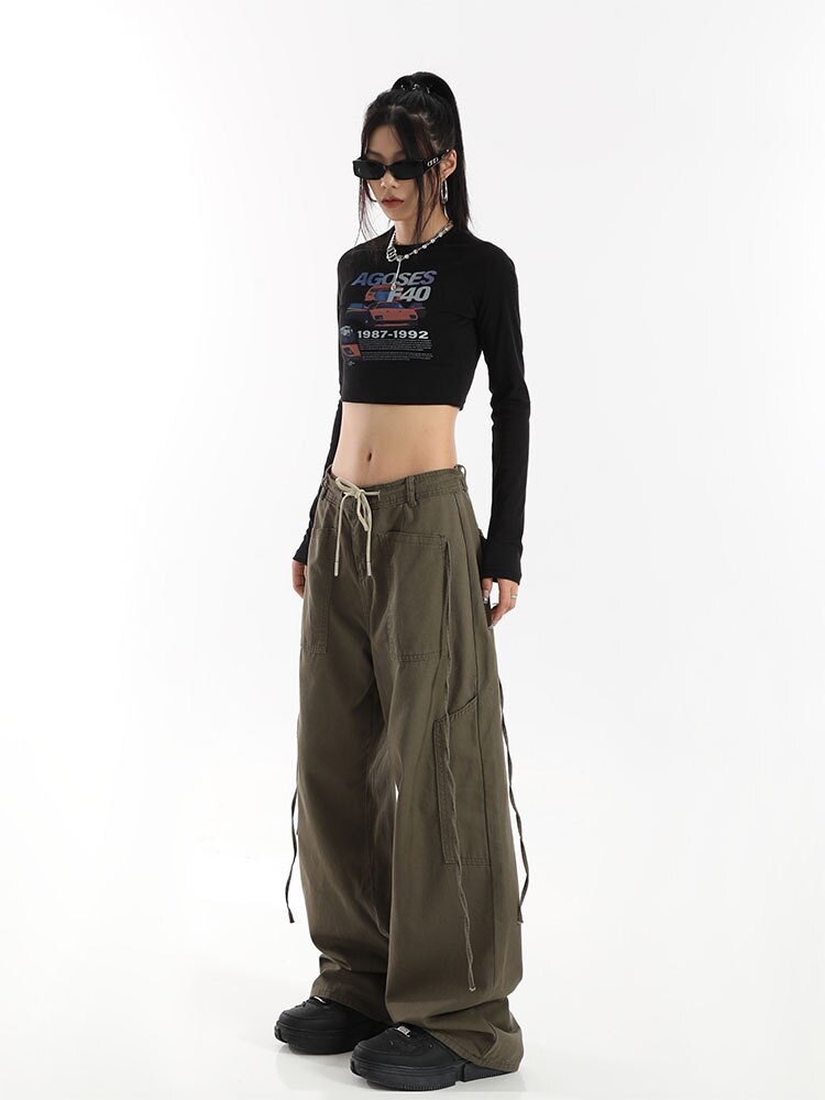 Y2K Parachute Pants High Waist Women Streetwear Oversize Pockets Army Green Cargo Trousers Harajuku Wide Leg 2 - Parachute Pant Shop
