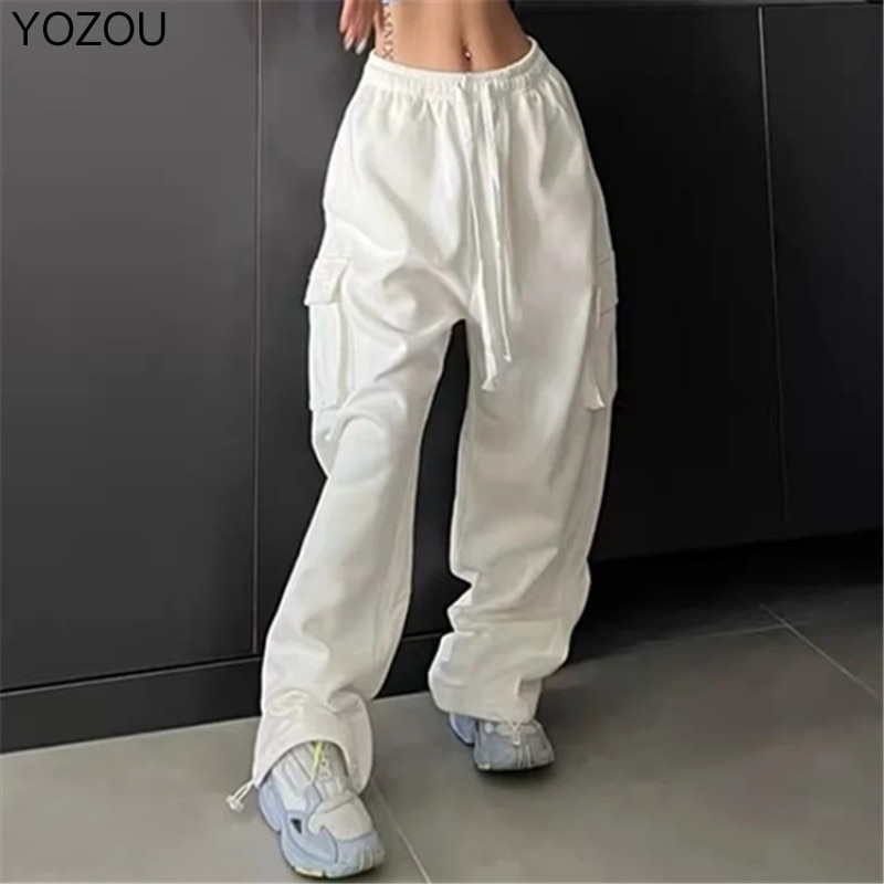 YOZOU 2022 Autumn Red Yellow Blue White Solid Cotton Sweatpants Baggy Cargo Trousers Parachute Pants Bottoms - Parachute Pant Shop