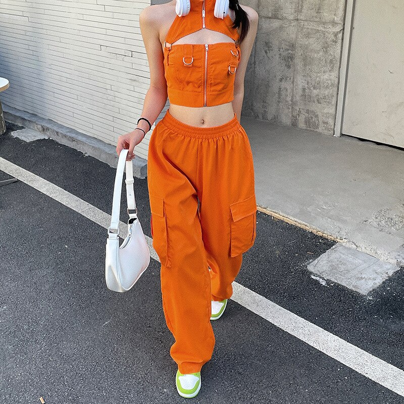 YOZOU 2022 Orange Women Baggy Oversize Parachute Cargo Pants Y2k Wide Leg Low Waist Trouser Streetwear 3 - Parachute Pant Shop