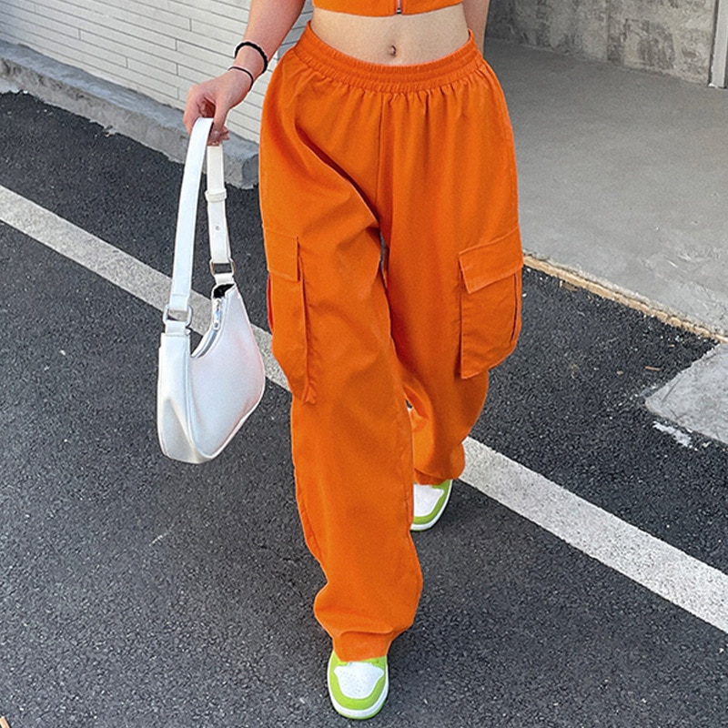 YOZOU 2022 Orange Women Baggy Oversize Parachute Cargo Pants Y2k Wide Leg Low Waist Trouser Streetwear - Parachute Pant Shop