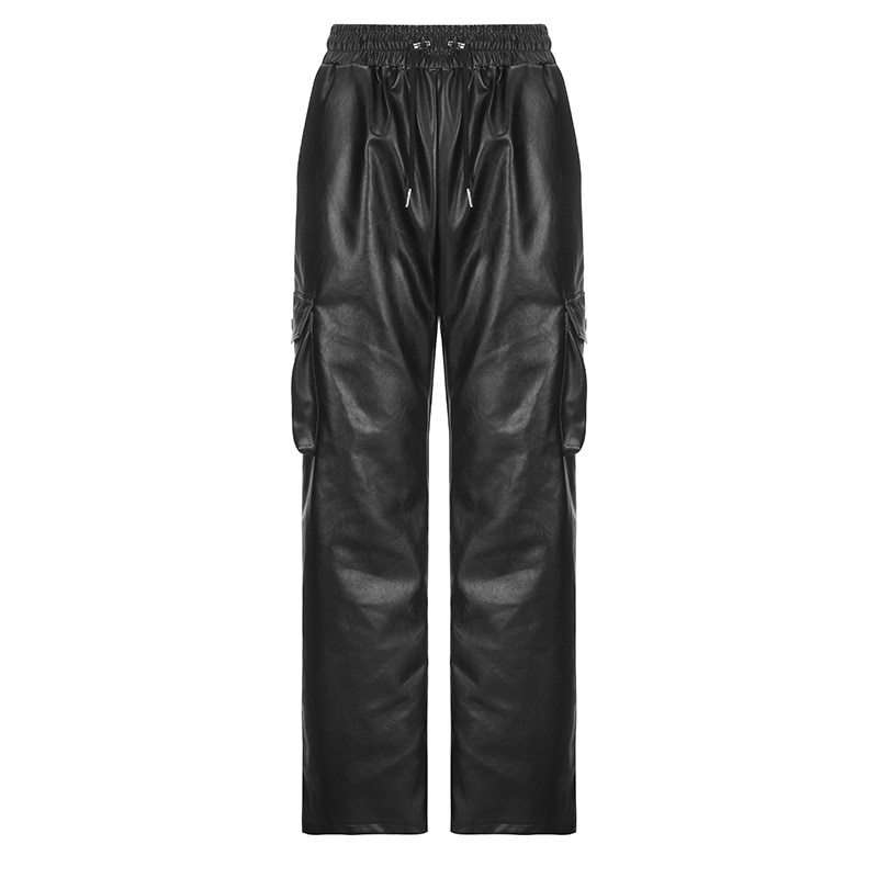 ZVV Design Pu Faux Leather Black Baggy Cargo Parachute Pants ...
