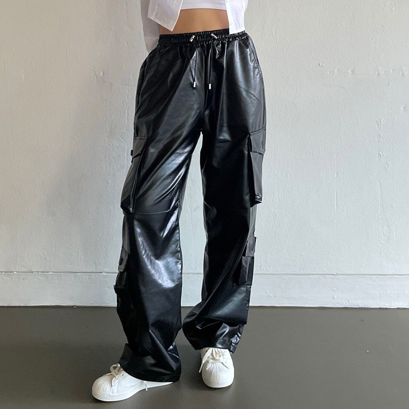 ZVV Design Pu Faux Leather Black Baggy Cargo Parachute Pants Pockets Oversize Loose Hip Hop Wide - Parachute Pant Shop