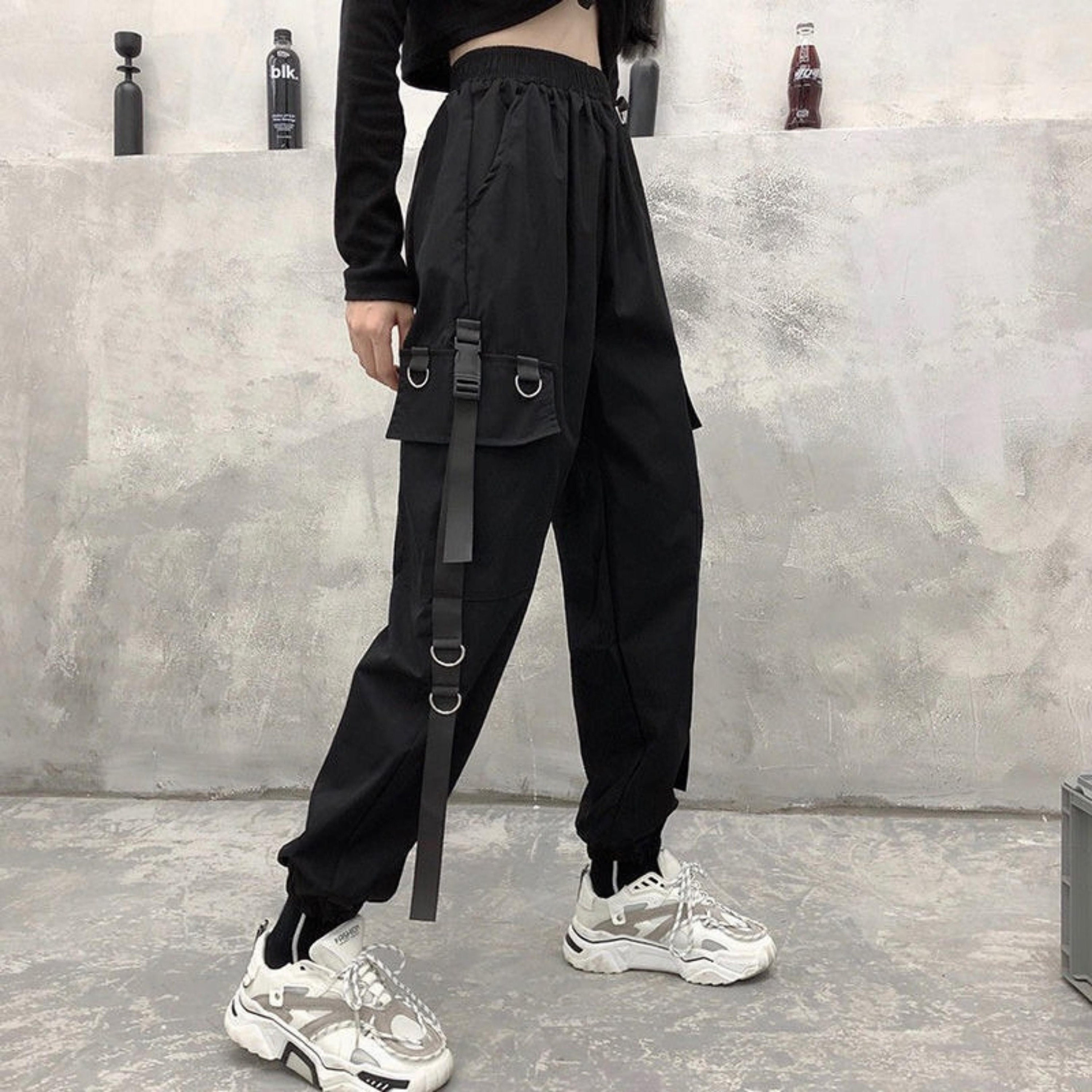 Womens High Waisted Black Cargo Pants, Y2k Streetwear Pants, Baggy Jogger Pants, Harajuku Sweatpants, Gothic Clothing Korean Style for Women