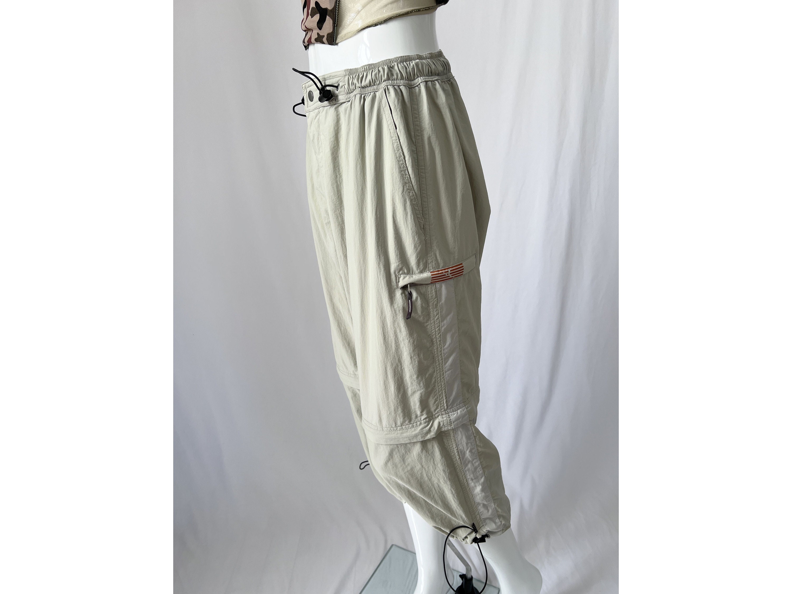 90s Cargo Parachute Pants, Vintage 90s Zip Off Convertible Pants Shorts w/ Elastic Drawstring Waist & Toggle Detail, Gorpcore, Size S-M
