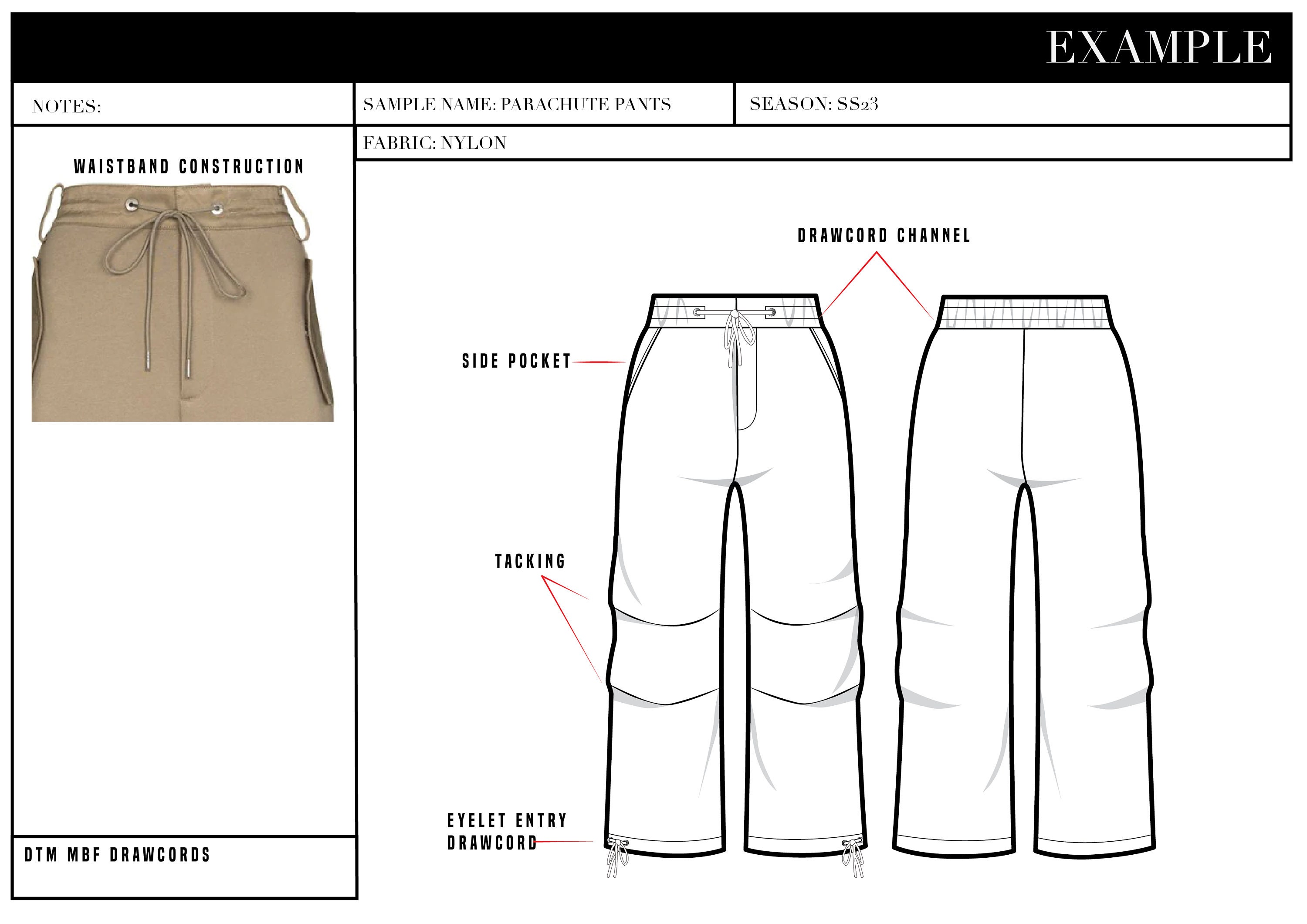Parachute Cargo Pants Baggy Techwear Y2K Fashion Design Template - Flat Sketch Tech Drawing-Illustrator Ai. PDF Vector Download File
